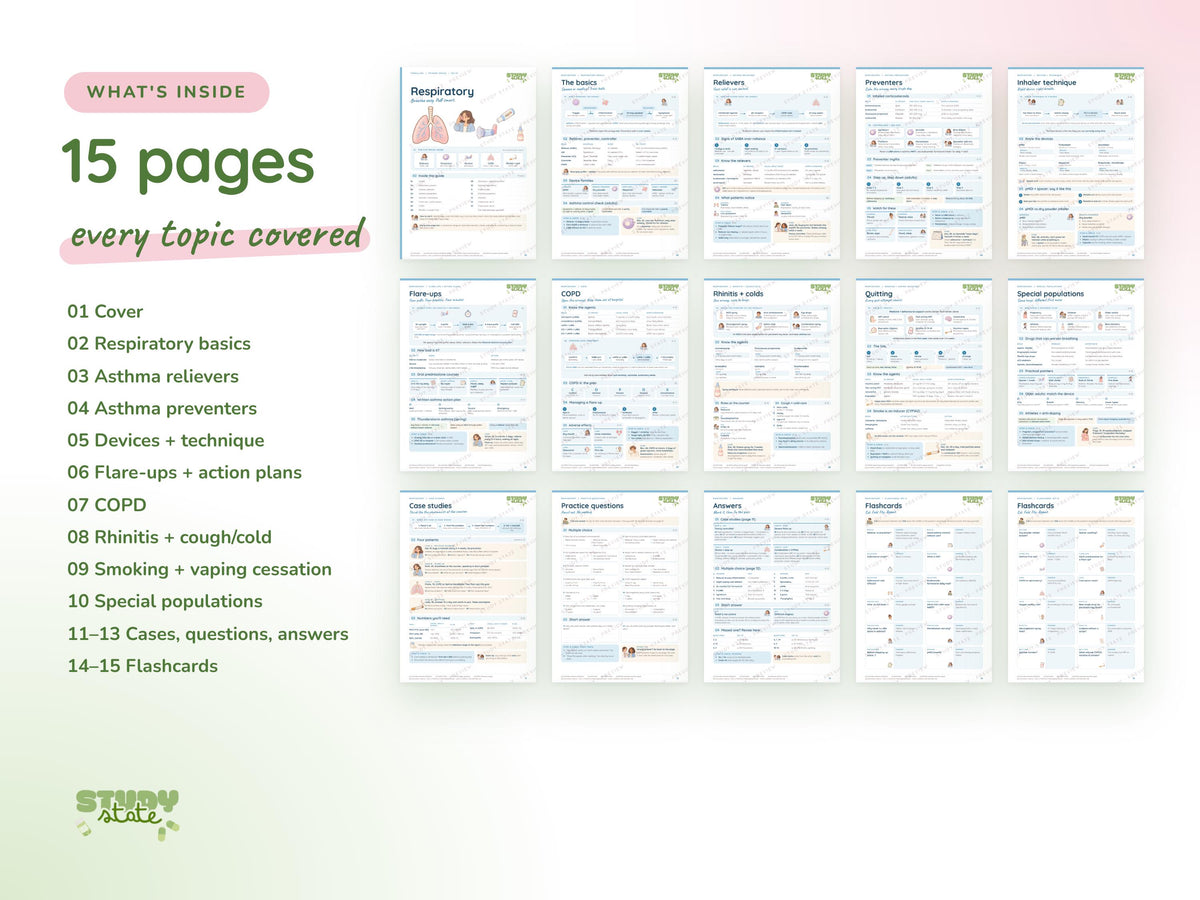 Respiratory study guide preview 8: inside pages, cases and flashcards