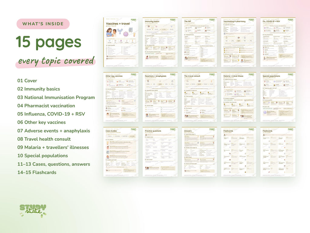 Immunisation + Travel study guide preview 8: inside pages, cases and flashcards