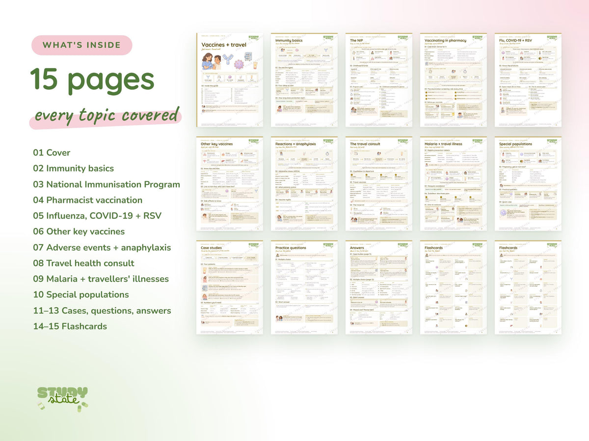 Immunisation + Travel study guide preview 8: inside pages, cases and flashcards