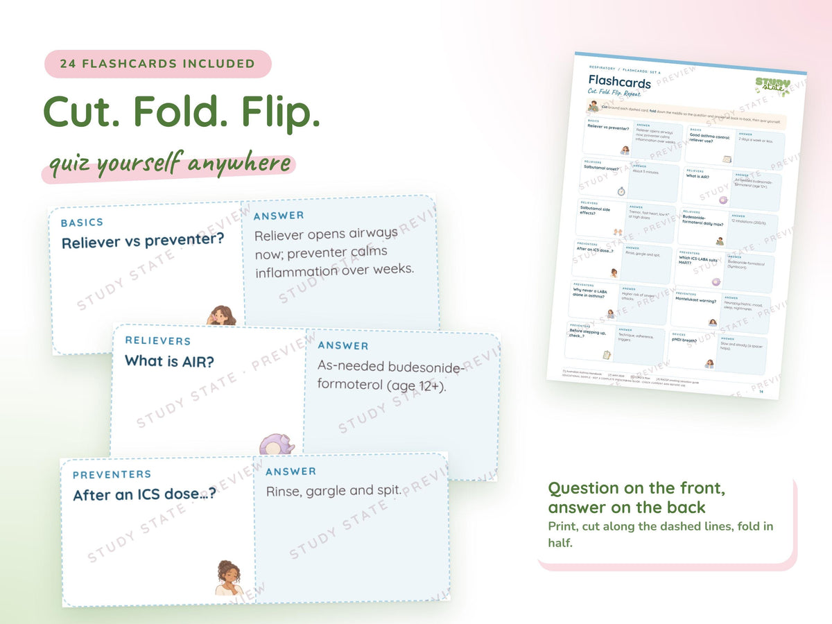Respiratory study guide preview 4: inside pages, cases and flashcards