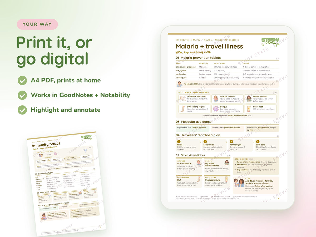 Immunisation + Travel study guide preview 3: inside pages, cases and flashcards