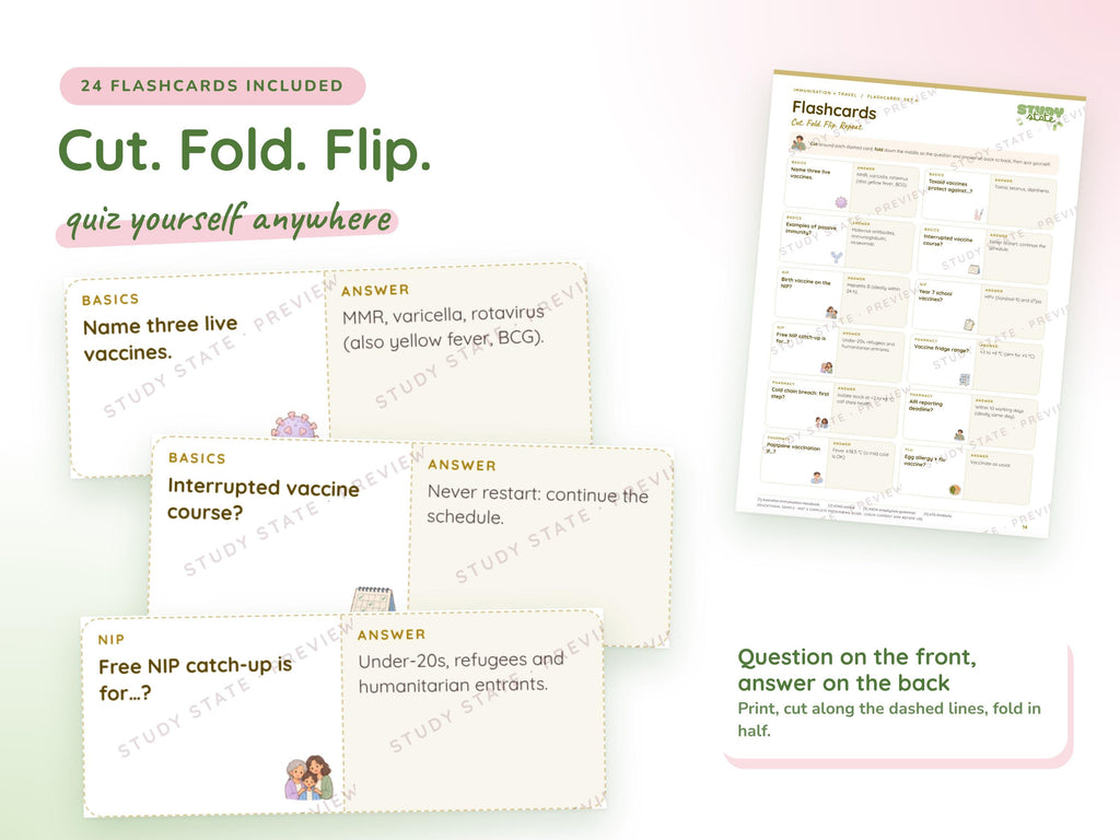 Immunisation + Travel study guide preview 4: inside pages, cases and flashcards