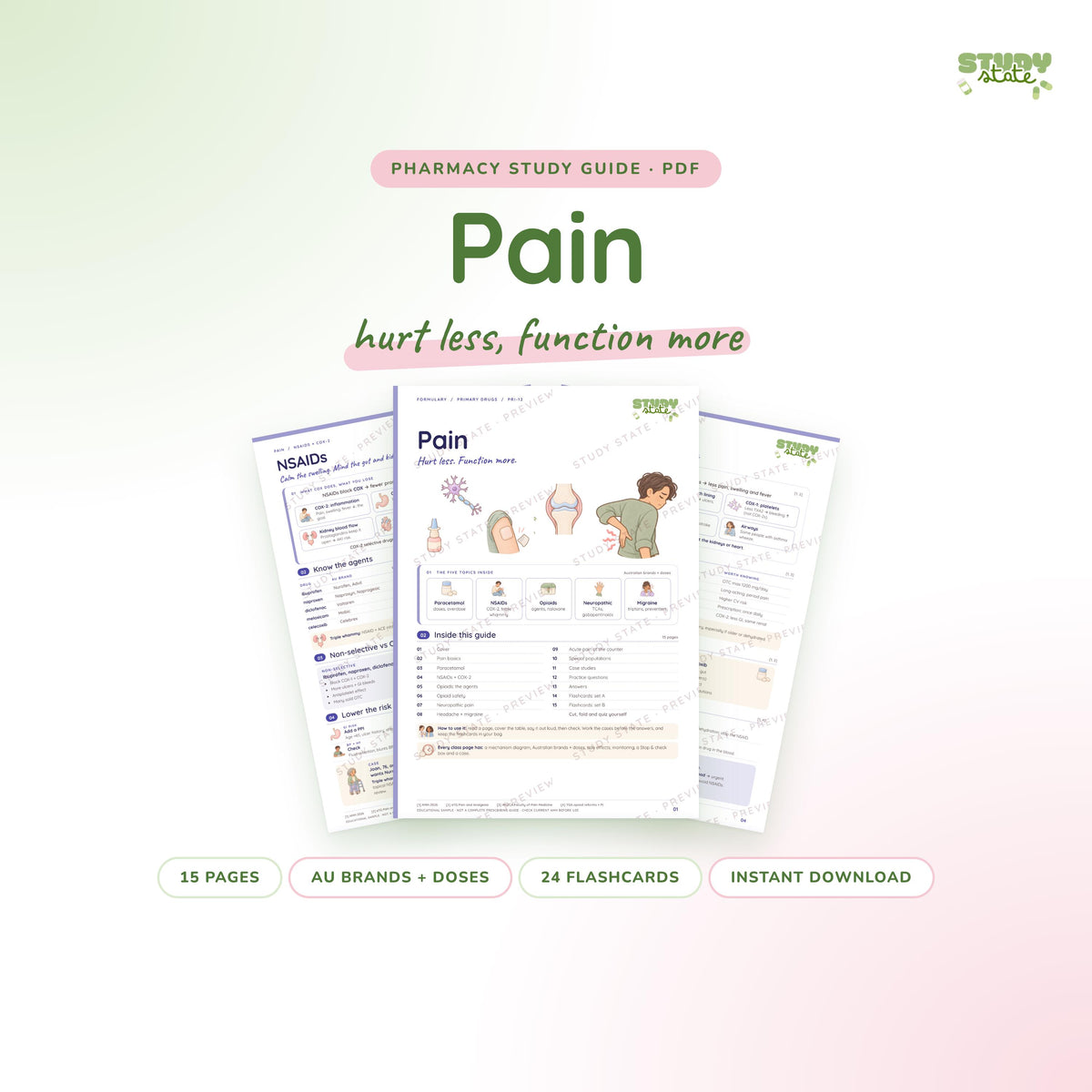Pain study guide PDF by Study State: cover and pages