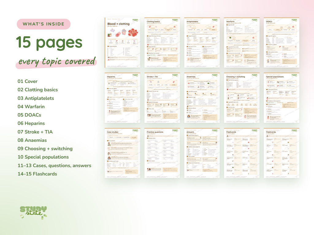 Blood + Clotting study guide preview 2: inside pages, cases and flashcards