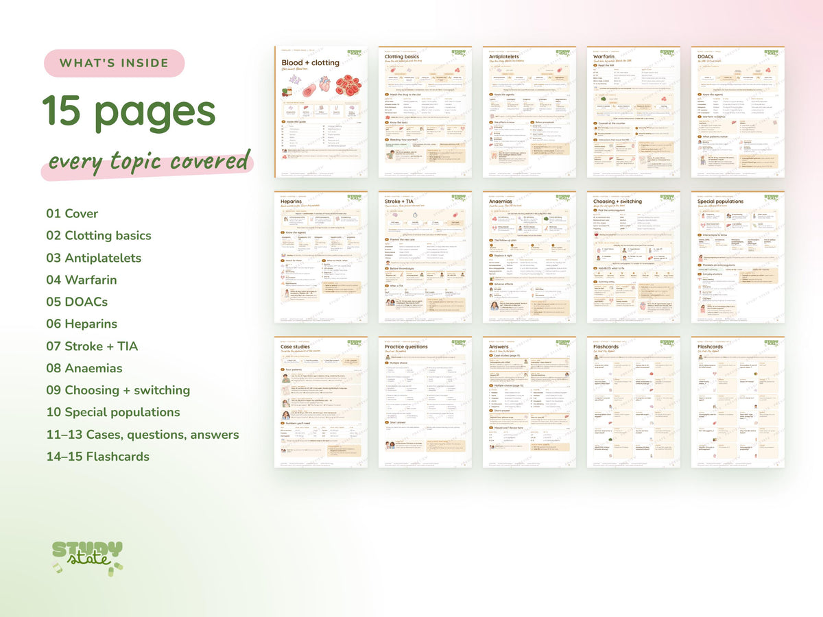 Blood + Clotting study guide preview 2: inside pages, cases and flashcards