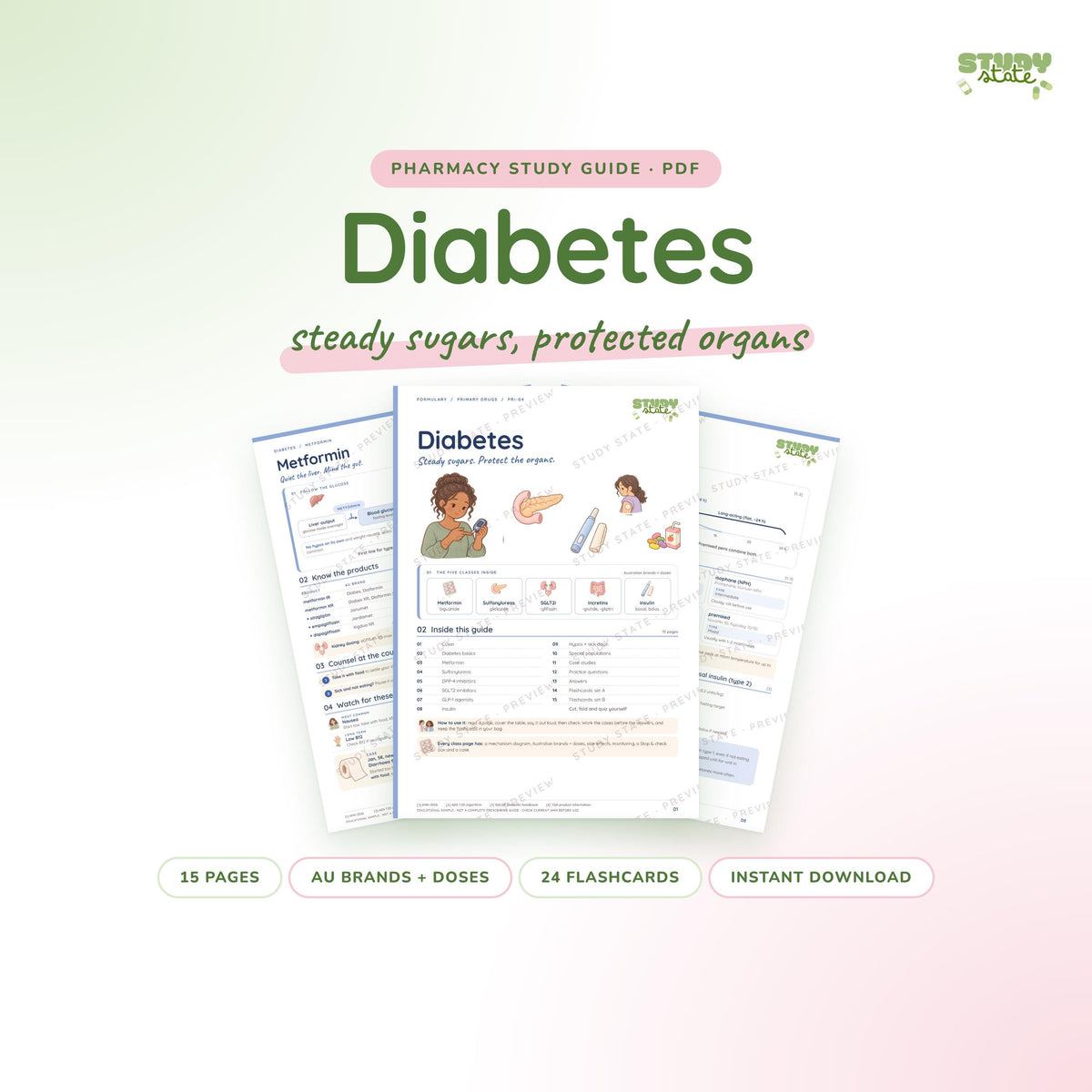 Diabetes study guide PDF by Study State: cover and pages