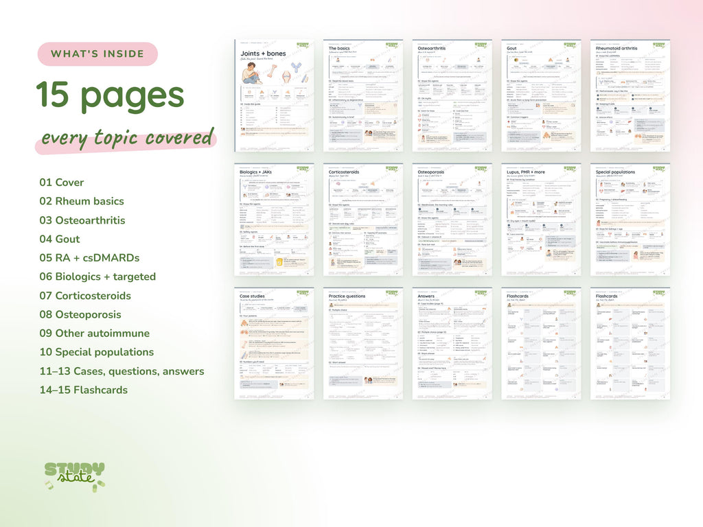 Rheumatology study guide preview 8: inside pages, cases and flashcards