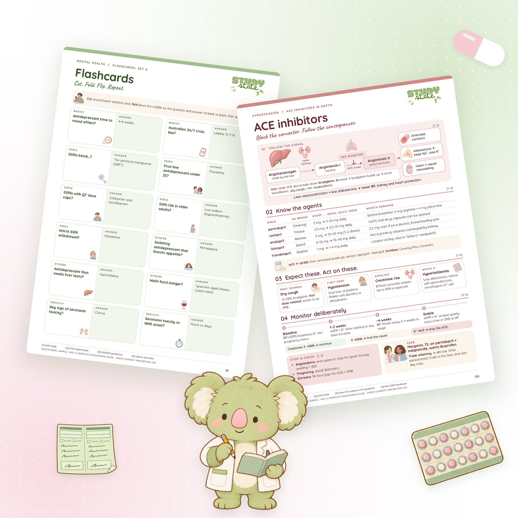 An ACE inhibitors page and a flashcard page from Study State guides, with the koala mascot taking notes